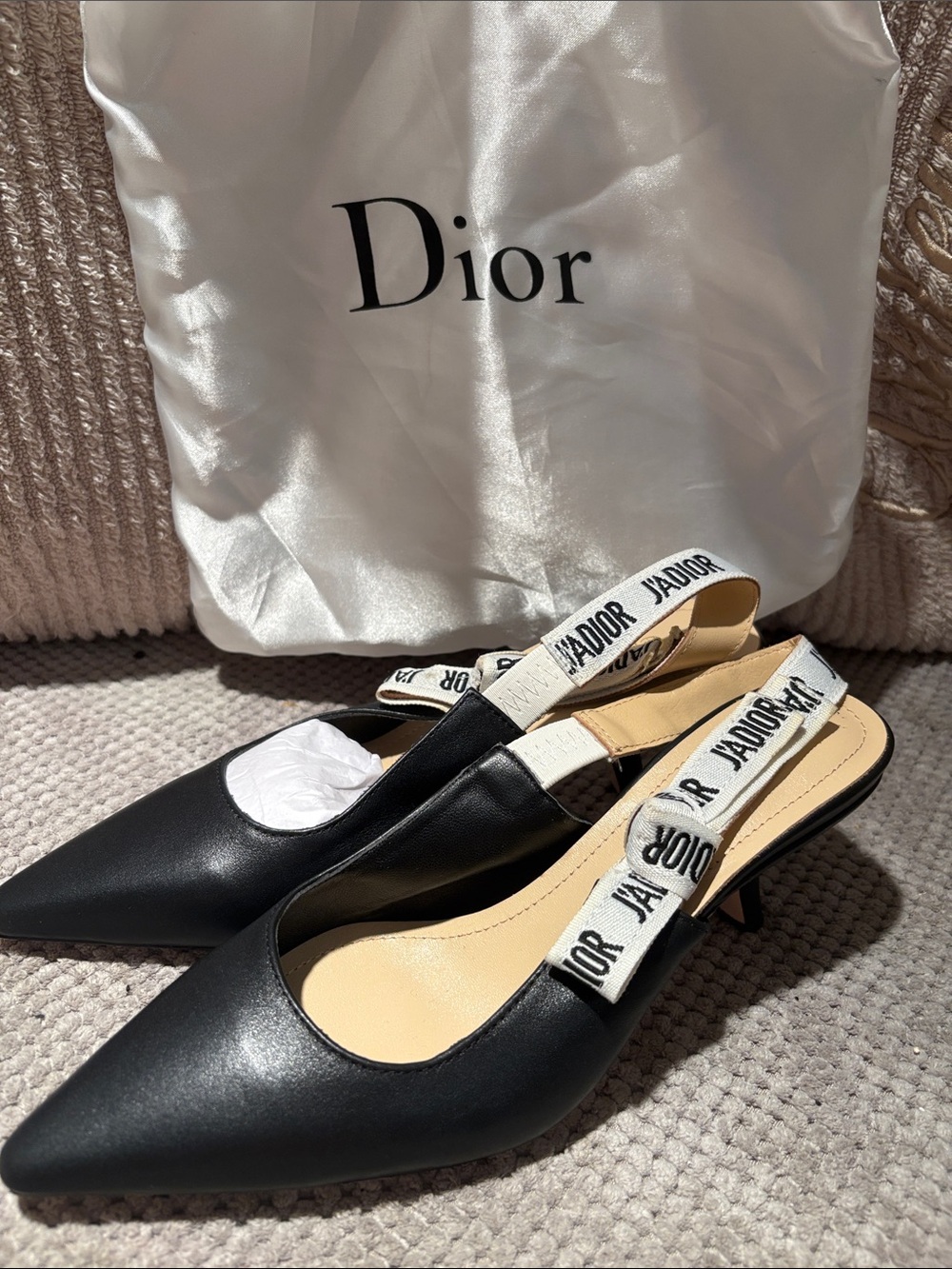 Black Leather Slingback Kitten Heels with Cream J'Adior Straps